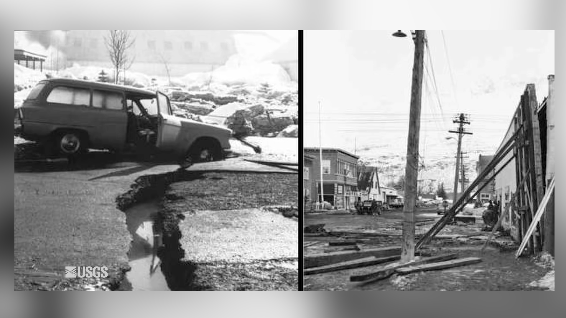 Black and white images show damage caused by the 1964 earthquake